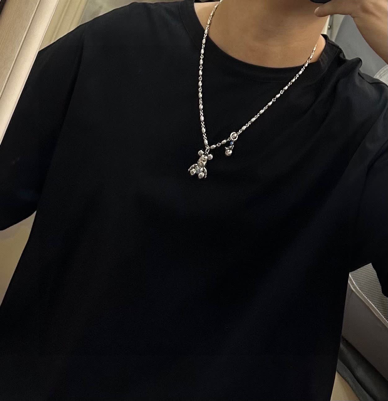 Louis Vuitton Silver Beaded Necklace with Bear Charm